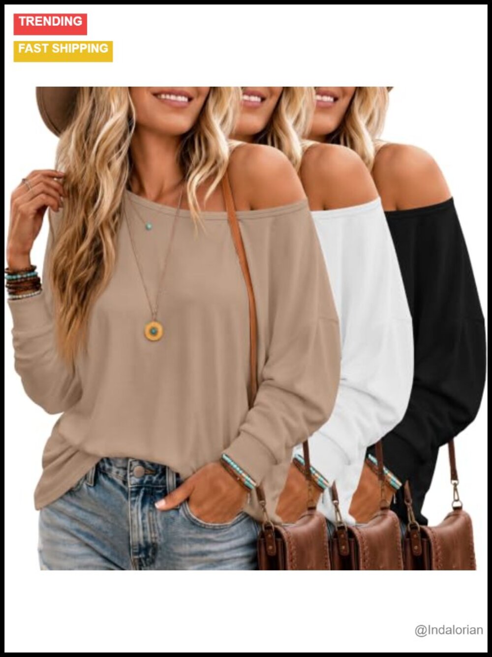 3 Pack Women's Off Shoulder Long Sleeve Tunic Tops Oversized Boat Neck